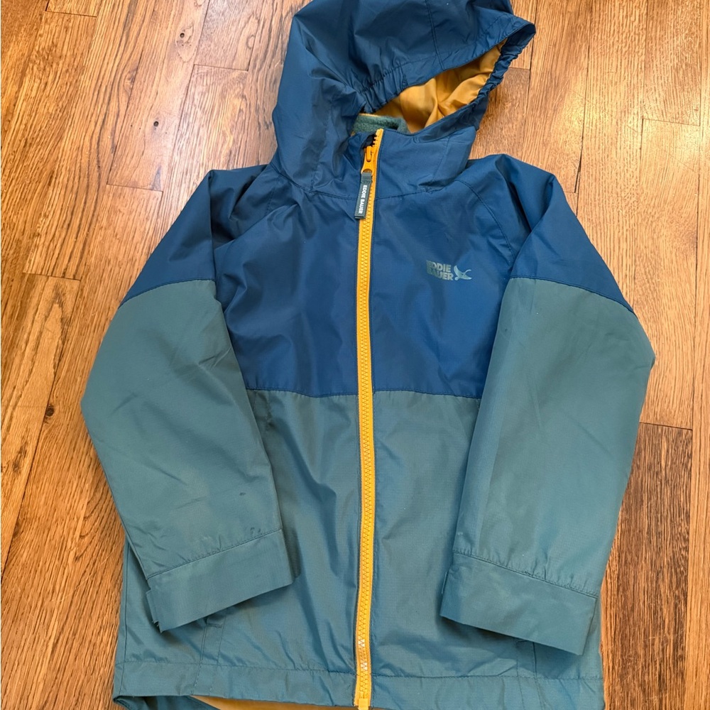 Eddie Bauer Blue and Teal Kids Hooded 3 in 1 jacket with Yellow Zipper
